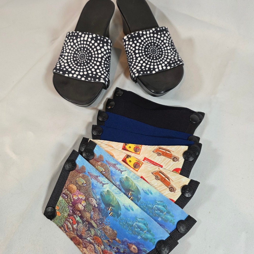 OneSole Interchangeable Wedge‎ Sandals Black Size 7 with 5 Tops Travel Cruise